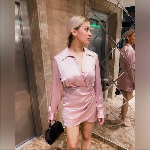 Zara mini dress satin effect drapped long sleeve pink party wedding coctail - Picture 4 of 10